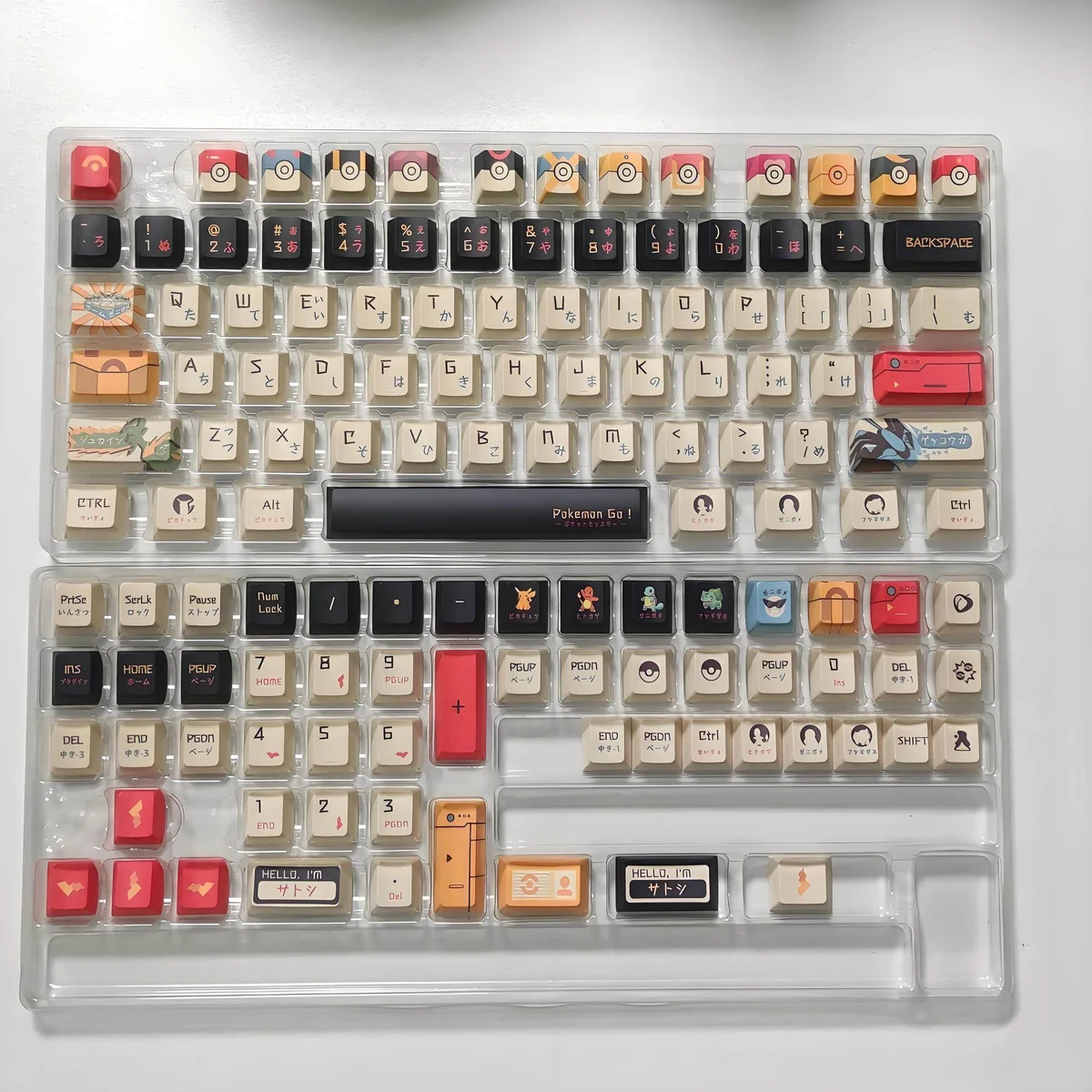 Durable PBT Pokemon side-legend keycaps set, displayed from multiple angles. Iconic characters meet clean, minimalist legends for a premium, playful look.
