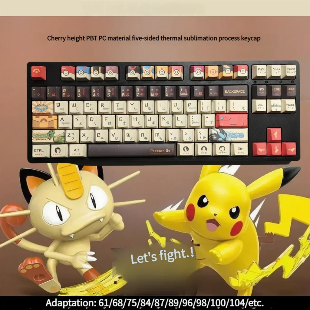 Vibrant Pokemon PBT side-legend keycaps set featuring beloved characters, showcasing their durable, high-quality finish for mechanical keyboards.