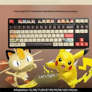 Vibrant Pokemon PBT side-legend keycaps set featuring beloved characters, showcasing their durable, high-quality finish for mechanical keyboards.
