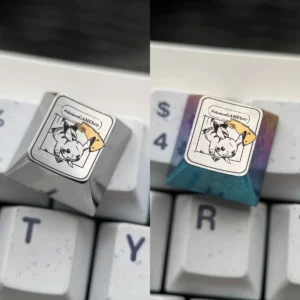 Close-up of a premium Pikachu Pokemon titanium keycap, an artisan ESC key, showcasing vibrant colors and sleek metallic craftsmanship.