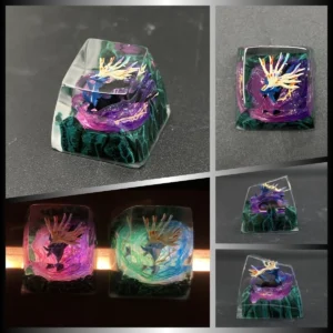 Exquisite handcrafted legendary Pokemon artisan keycap. Dynamic side view reveals intricate sculpture, vibrant colors, and translucent resin details.
