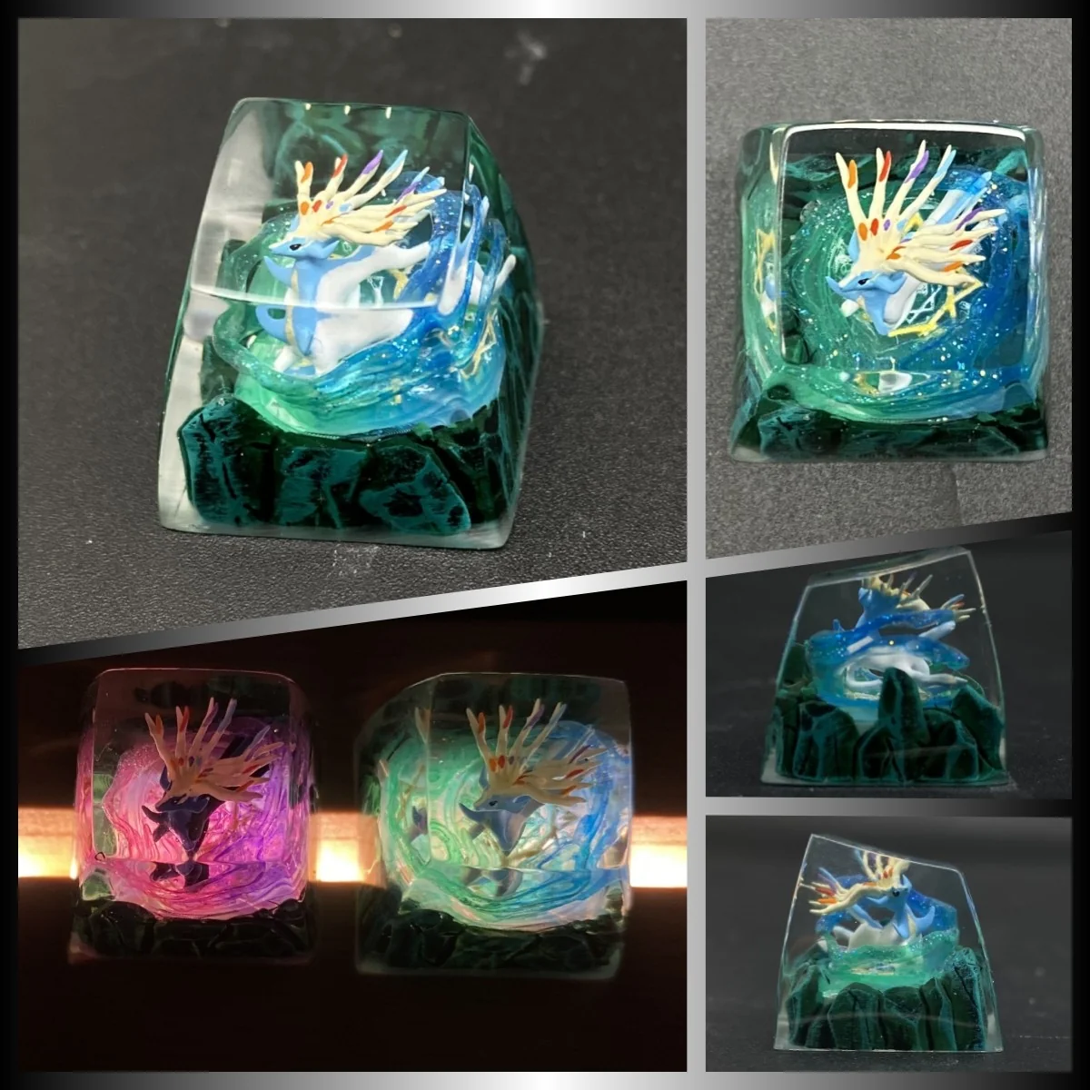 Exquisite handcrafted legendary Pokemon artisan keycaps displayed from various angles, highlighting their intricate translucent resin sculptures.