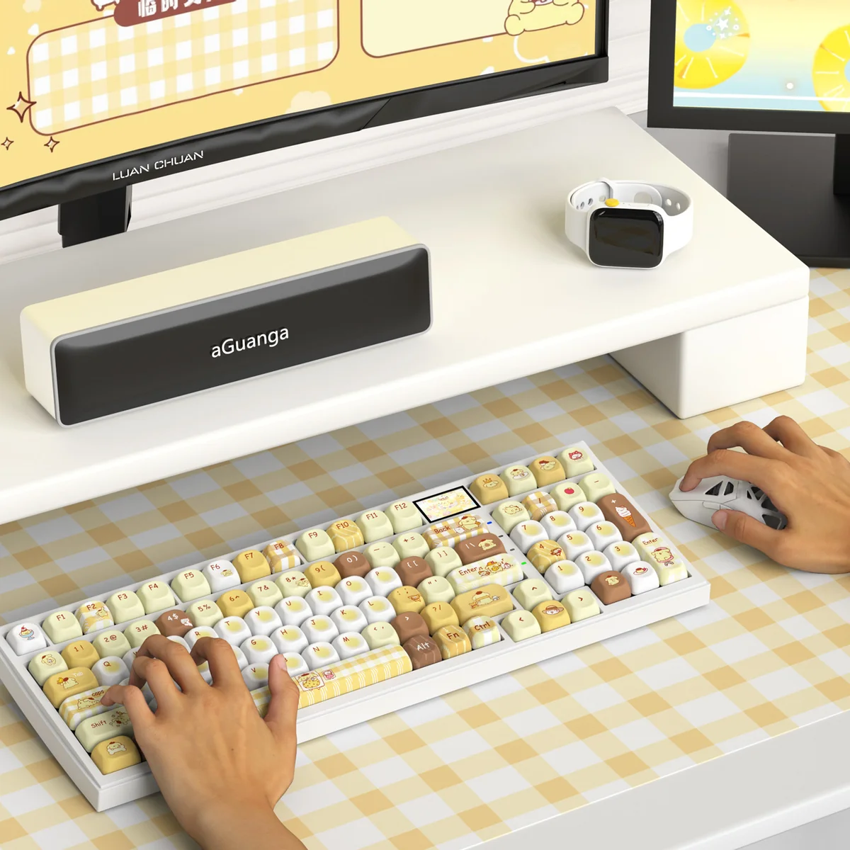 A collection of adorable Pompompurin PBT keycaps set from various angles, showcasing the cheerful yellow and brown designs and durable quality.