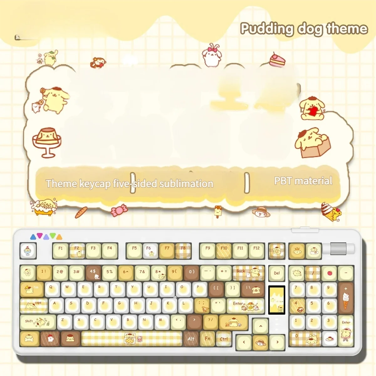 Playful Pompompurin PBT keycap set gallery, featuring cheerful yellow and brown designs from multiple angles, highlighting durable PBT quality.