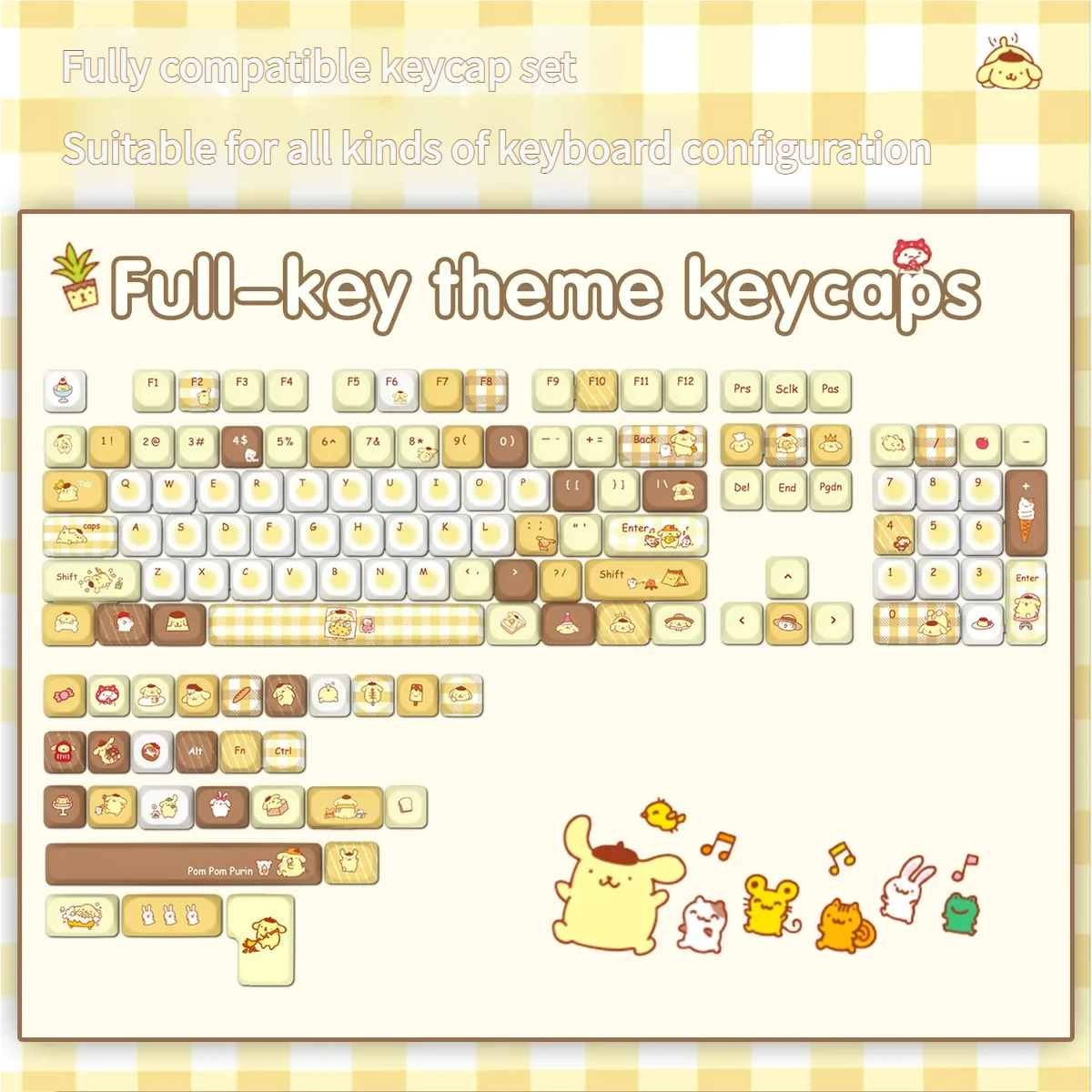 Adorable Pompompurin PBT keycaps set from multiple angles, showcasing cheerful yellow and brown character designs and durable PBT quality.