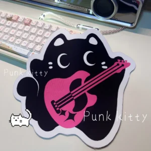 Playful black and pink Punk Kitty Mouse Pad with rebellious punk accents and an adorable, unique irregular shape for your desk.