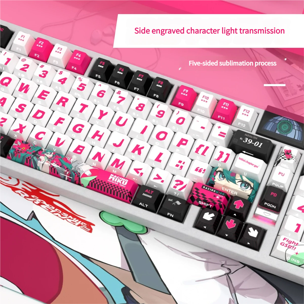 Racing Miku PBT keycaps set with luminous side-engraved legends, shown from various angles to highlight their sleek anime racing aesthetic.