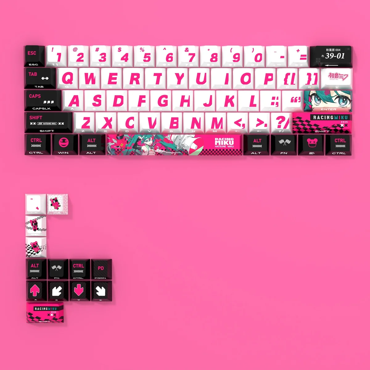 Dynamic Racing Miku 6068 PBT keycaps set featuring vibrant, luminous side-engraved legends, capturing a premium anime racing aesthetic.