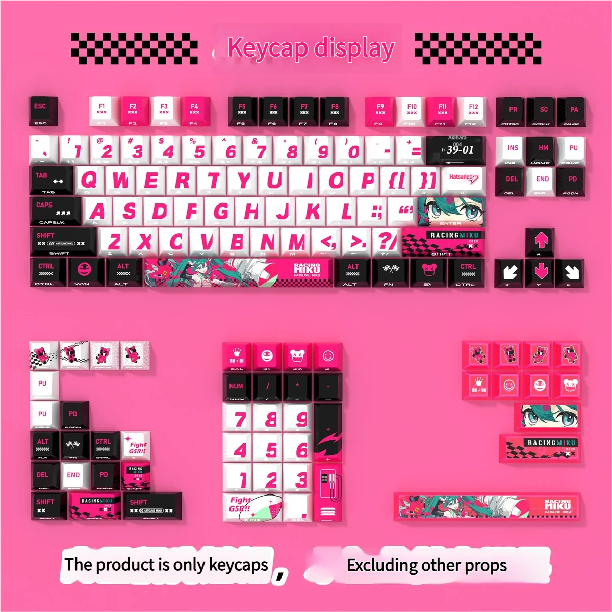 Vibrant Racing Miku side-lit PBT keycaps set displayed from a dynamic angle, highlighting the luminous side-engraved legends and anime racing aesthetic.