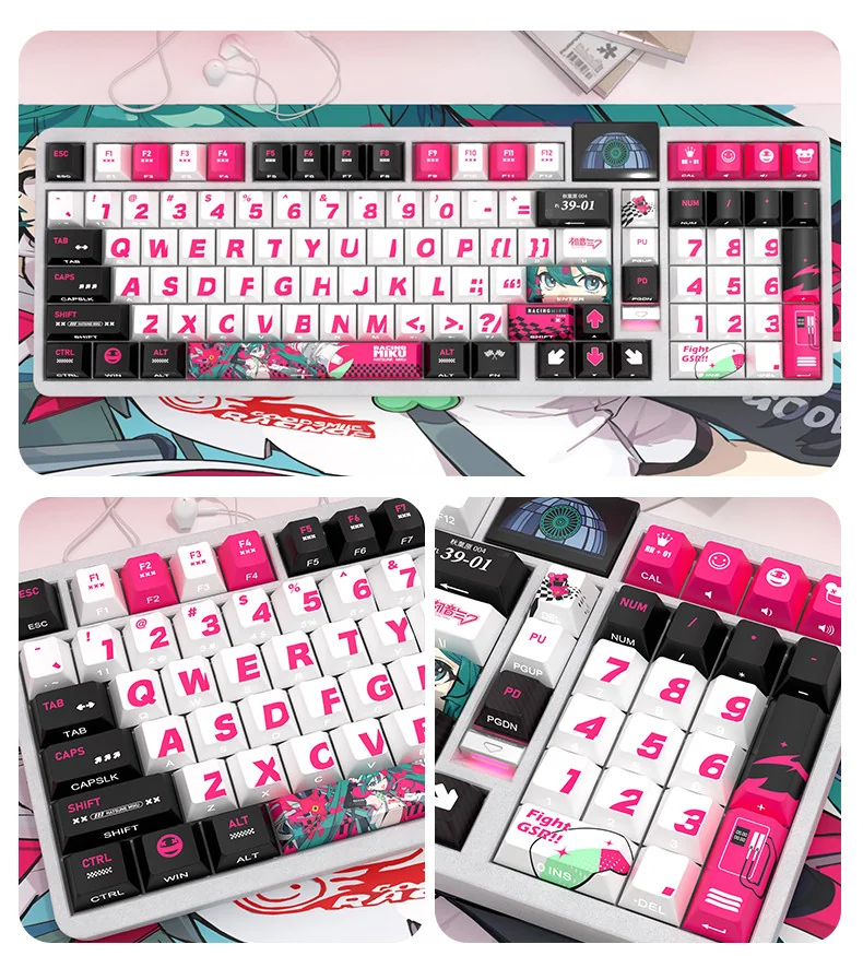 Close-up views of the iconic Racing Miku side-lit PBT keycaps set, highlighting their luminous, side-engraved legends and dynamic anime racing aesthetic.