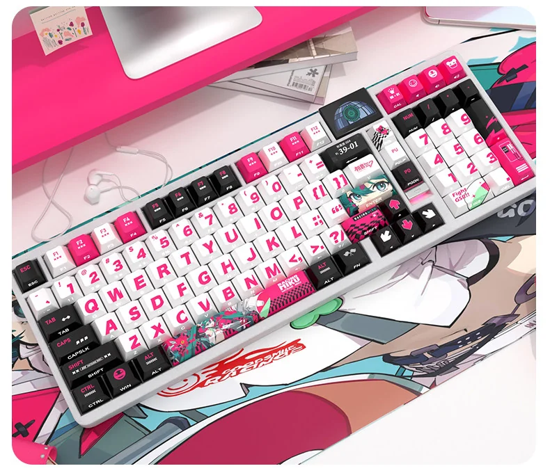 Dynamic Racing Miku 6068 PBT keycaps set featuring vibrant, luminous side-engraved legends, capturing a premium anime racing aesthetic.