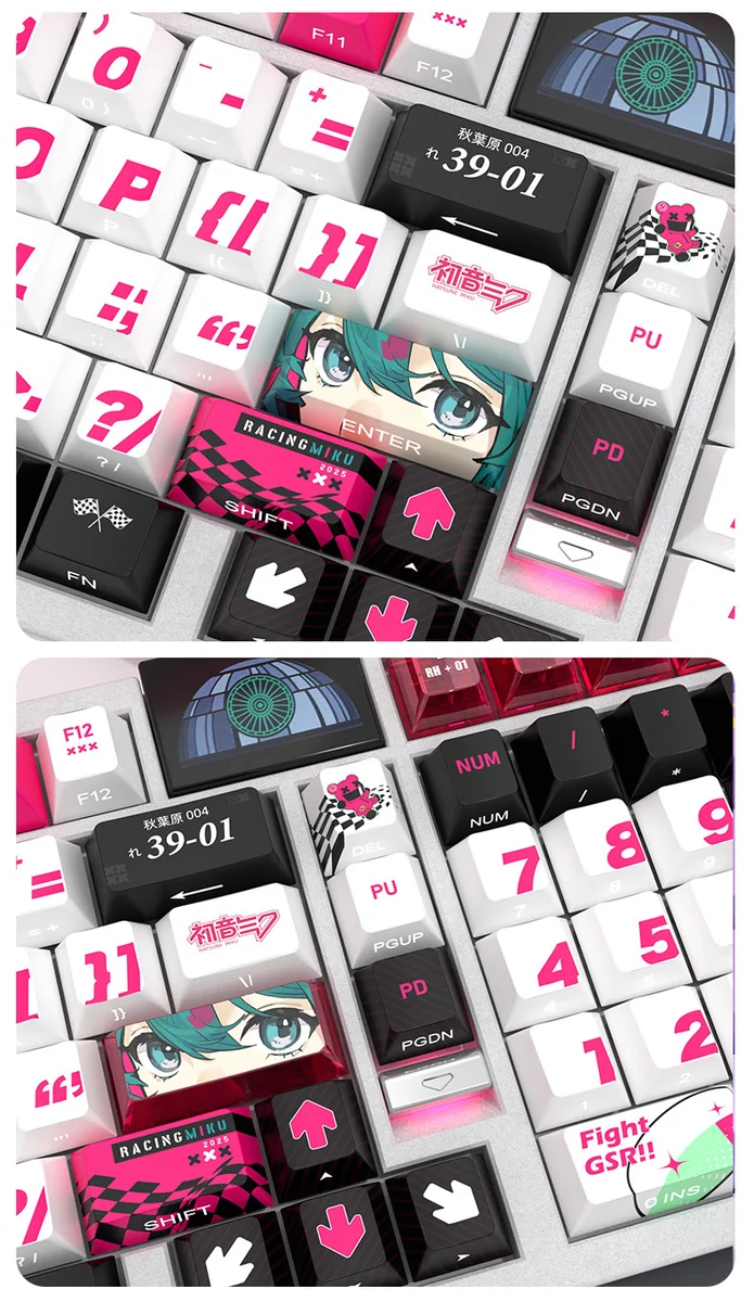 Racing Miku side-lit PBT keycaps set, showcasing the luminous side-engraved legends on a small full set, perfect for a dynamic anime racing aesthetic.