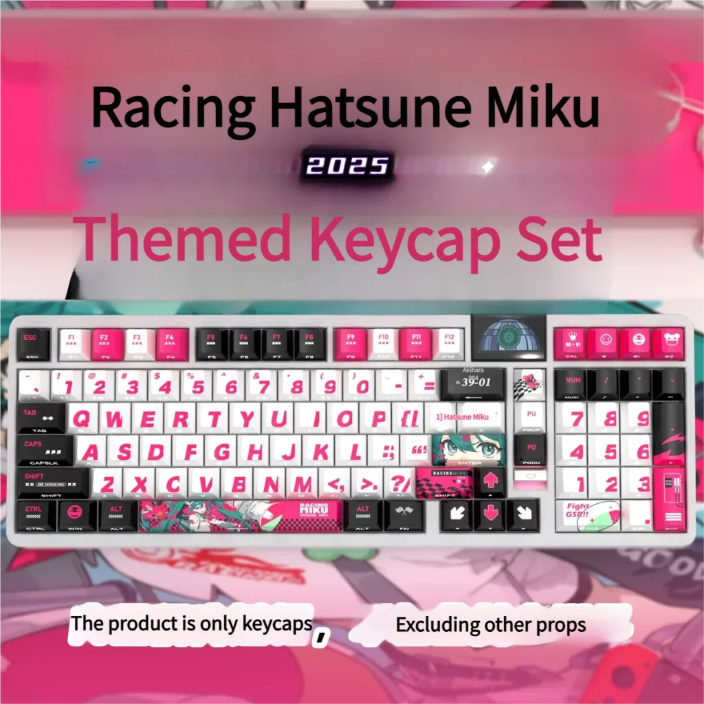 Iconic Racing Miku Side-Lit PBT Keycaps set, illuminated on a keyboard, highlighting vibrant side-engraved legends and dynamic anime racing aesthetic.