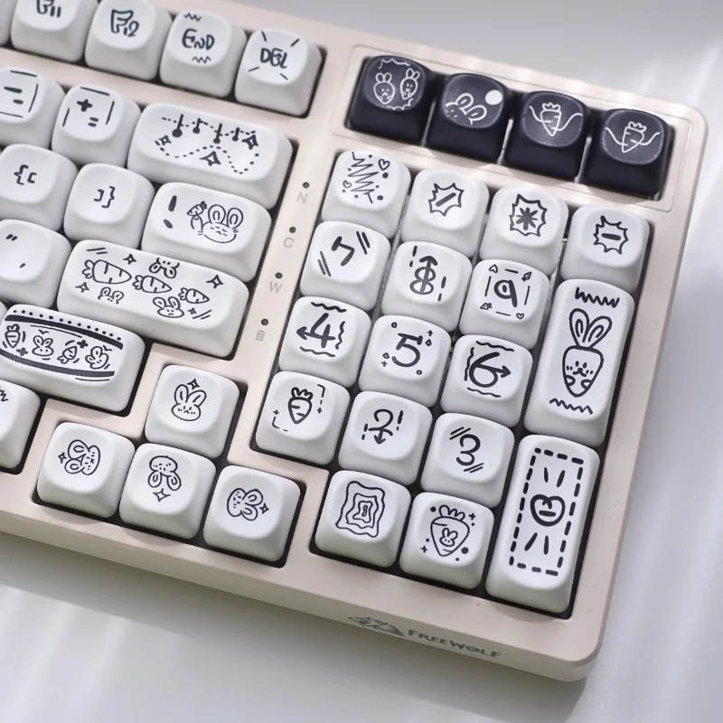 Delightful Whimsical Radish Rabbit MOA PBT keycap set, showcasing charming pastel colors, unique spherical profile, and playful radish and rabbit motifs.