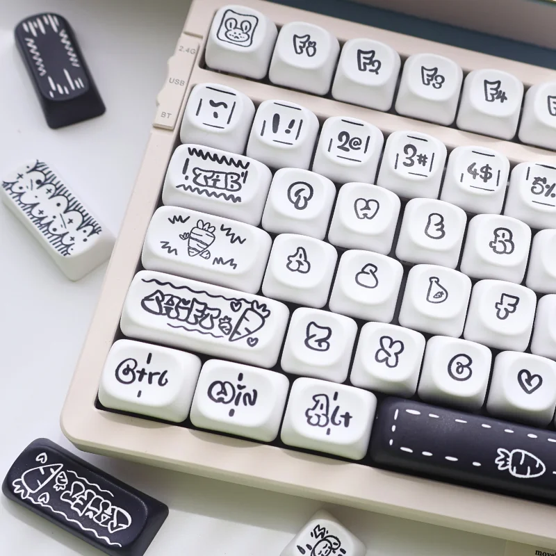 A gallery view of the delightful Radish Rabbit MOA PBT Keycap Set, highlighting charming pastel motifs and its uniform spherical MOA profile.