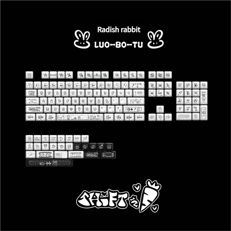 A delightful full 130-key set of Whimsical Radish Rabbit MOA PBT keycaps set, featuring charming pastel rabbit and radish motifs.