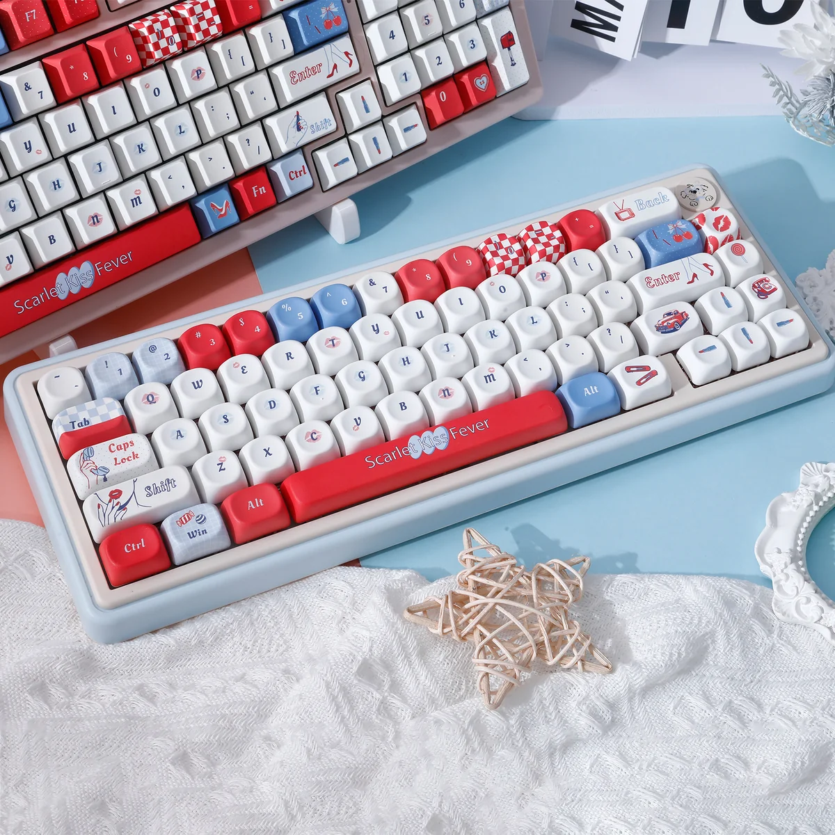 Multiple views of the Red Lips Pop Art Keycaps set, highlighting the striking retro design with vibrant red lips and dynamic blue waves on custom keyboard.