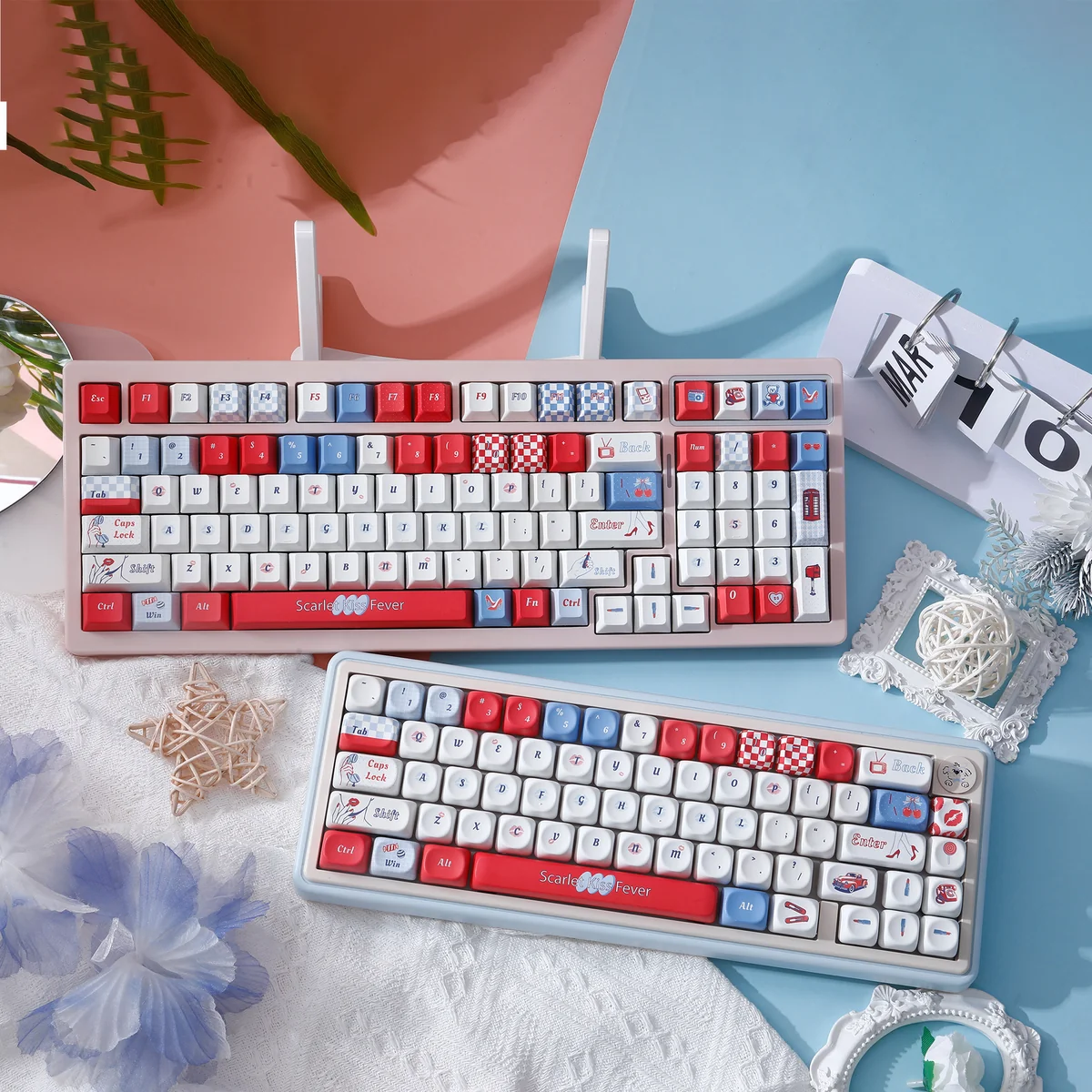 Vibrant Red Lips Pop Art Keycaps set for custom keyboards, featuring bold retro red lips and dynamic blue waves from various angles.