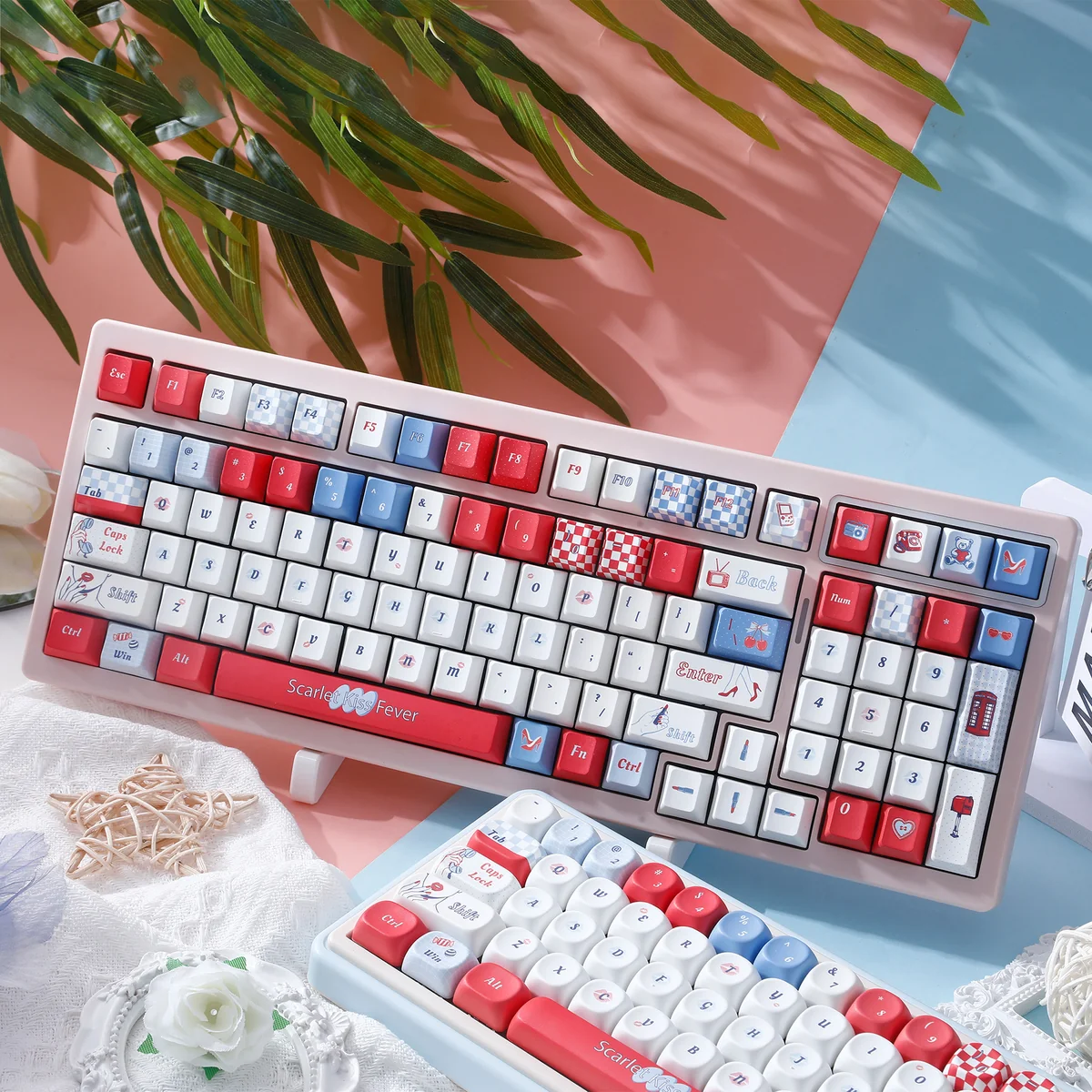 Detailed shot of a Red Lips Pop Art keycap set for custom keyboards, showcasing its striking retro design with vibrant red lips and dynamic blue waves.