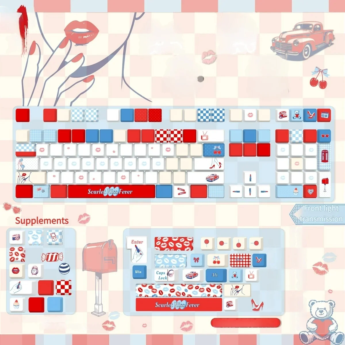 Striking Red Lips Pop Art keycaps set with vibrant front light-transmitting legends, featuring dynamic blue waves for custom keyboards.