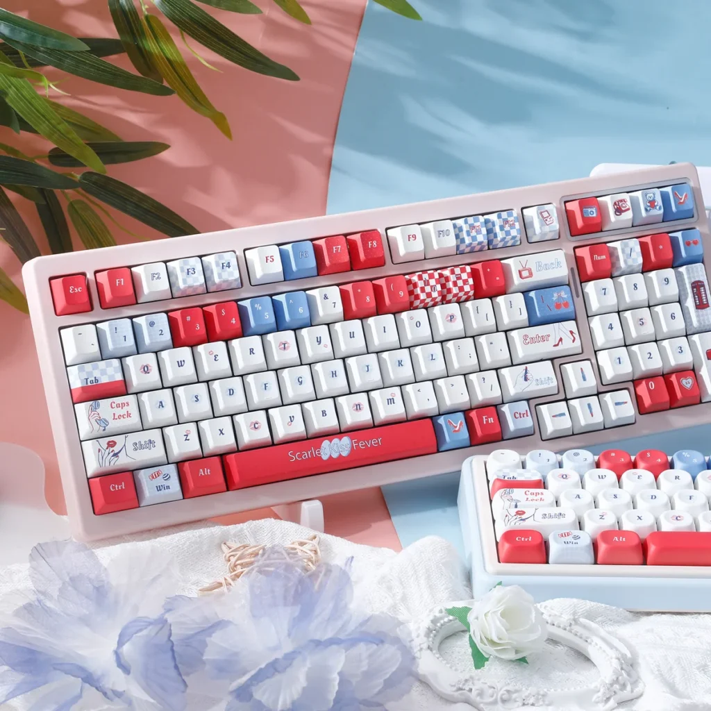 Striking Red Lips Pop Art Keycaps set for custom keyboards, showcasing vibrant red lips and dynamic blue waves with a playful retro aesthetic.