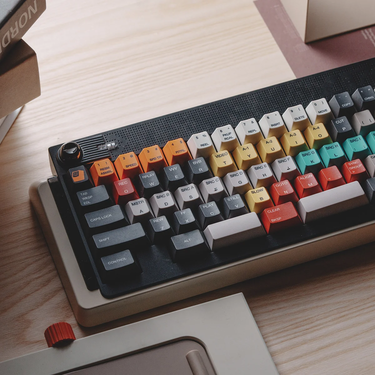 Retro Accom Keycaps Set. Durable PBT dye-sub. Views highlight crisp legends, beige/grey, and vibrant accent keys, evoking a vintage computing aesthetic.