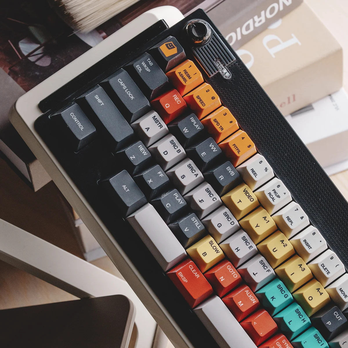 Retro Accom PBT dye-sub keycaps set displayed from various angles, showcasing their durable texture, crisp legends, and iconic vintage computing aesthetics.
