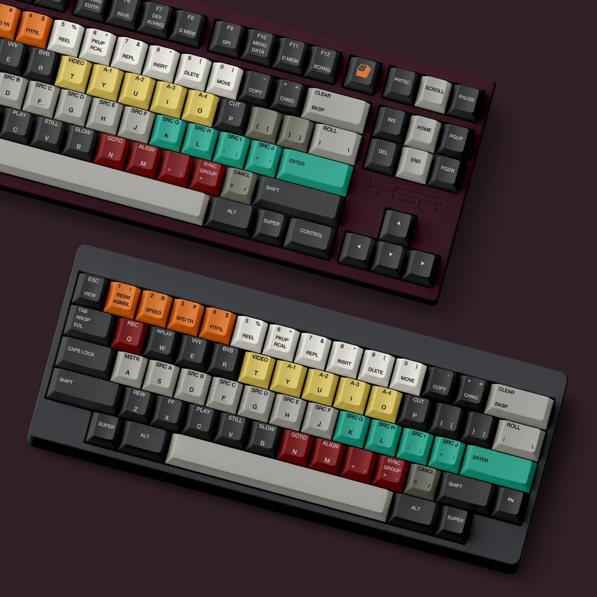 Retro Accom Keycaps Set: durable PBT dye-sub set. Multiple angles reveal classic beige/grey, vibrant legends, and a premium vintage computing aesthetic.