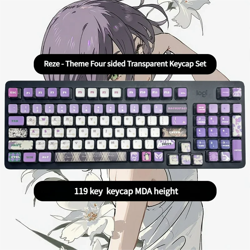 Gallery view of Reze Chainsaw Man RGB MDA translucent PBT keycaps set, revealing explosive character art and vibrant four-sided RGB glow.