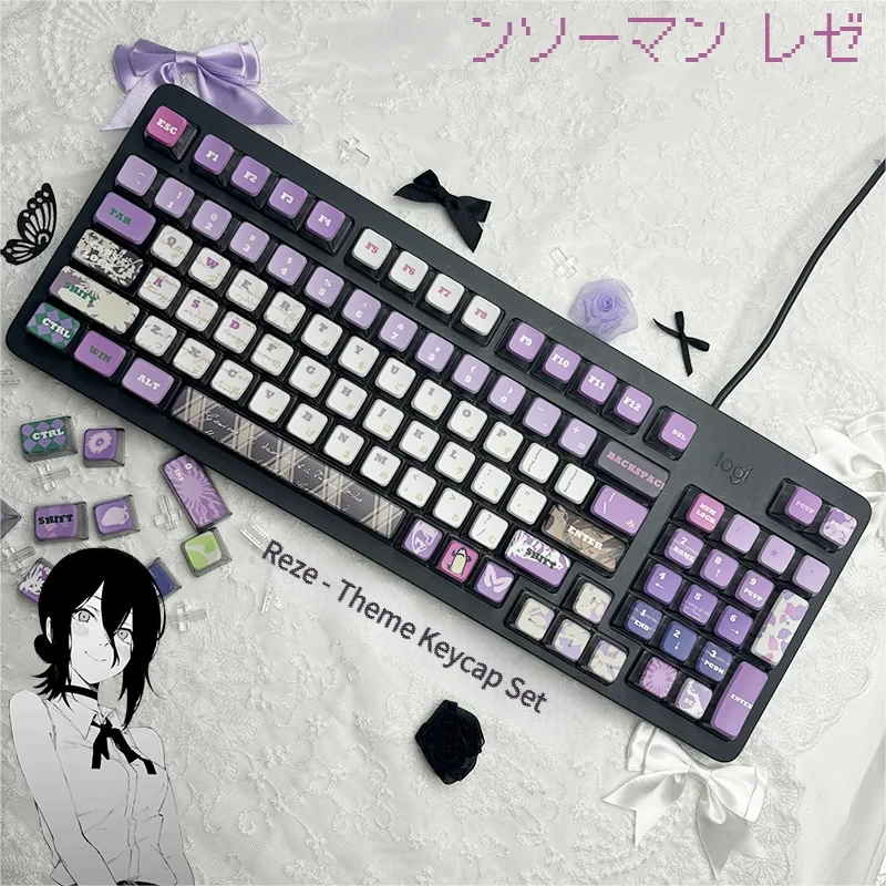 Gallery views of Reze Chainsaw Man RGB MDA keycaps set, showcasing the vibrant four-sided translucent PBT and explosive character art from multiple angles.
