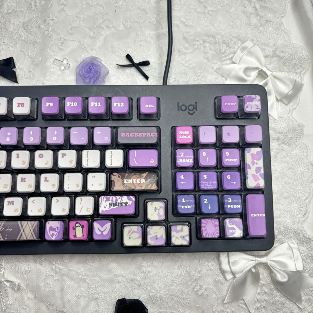 Reze Keycaps: Chainsaw Man MDA set, shown from various angles, reveals explosive character art and vibrant four-sided RGB translucency on premium PBT.