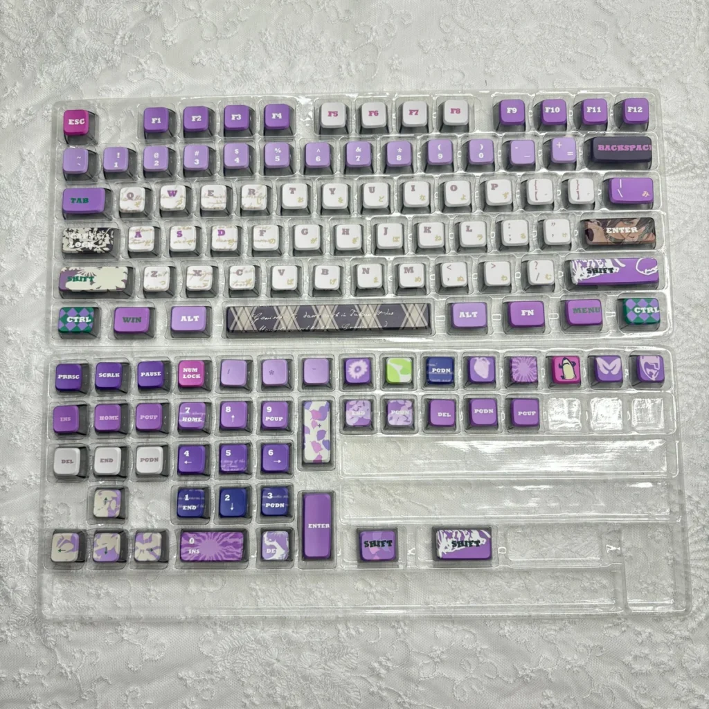 Multiple angles of Reze Chainsaw Man RGB MDA translucent PBT keycaps set, showcasing vibrant character art and explosive four-sided RGB glow.