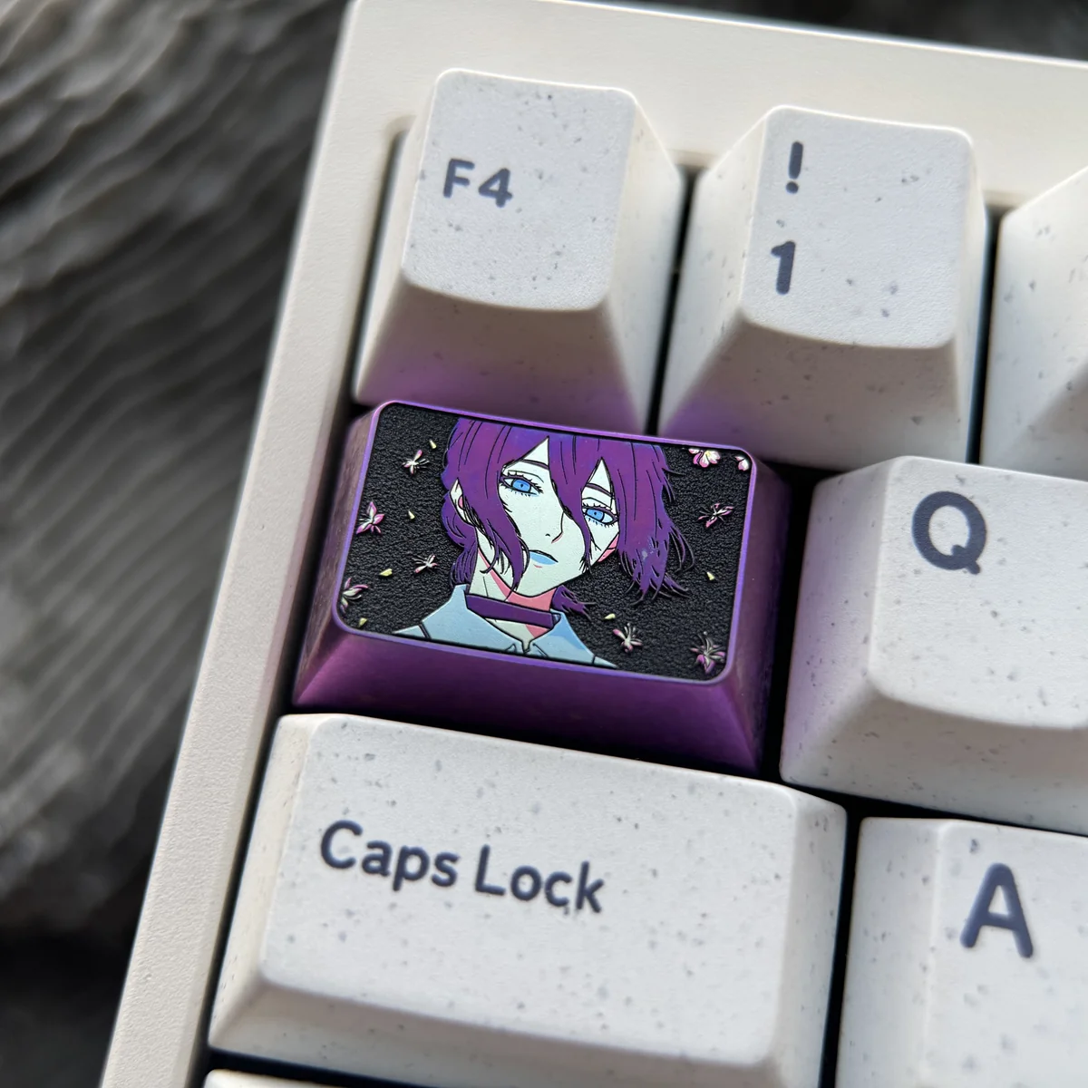 Chainsaw Man: Reze Tab Key Keycap gallery views, revealing the Ethereal Purple Ice Crystal art from various angles, emphasizing its metallic luster and artistic design.