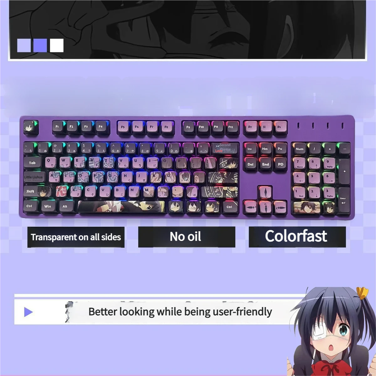 Vibrant Rikka Takanashi PBT shine-through keycaps set displayed from various angles, emphasizing their luminous RGB-enhanced design and playful character design.