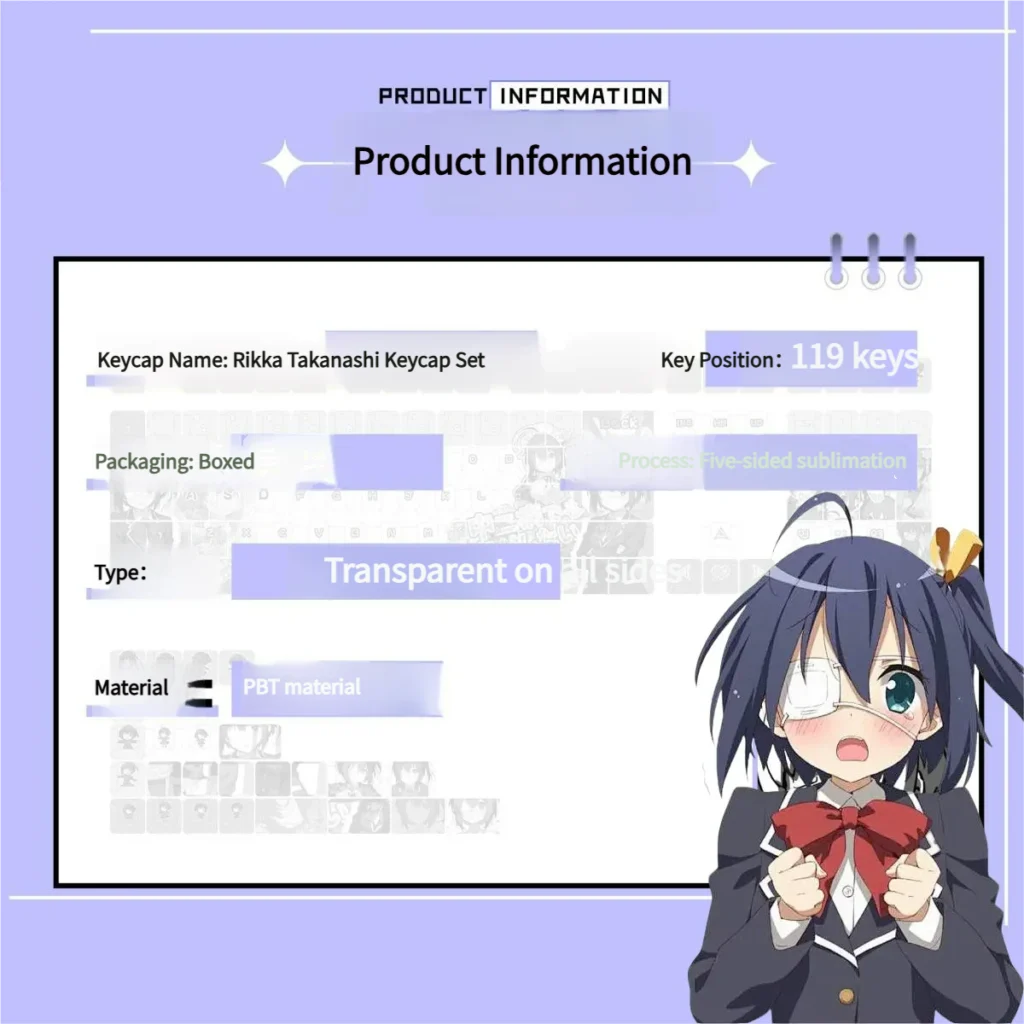 Close-up views of the playful Rikka Takanashi keycaps set, revealing the detailed Chunibyo design and brilliant PBT shine-through pudding style from various angles.
