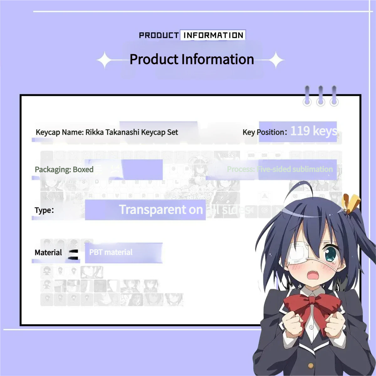 Close-up views of the playful Rikka Takanashi keycaps set, revealing the detailed Chunibyo design and brilliant PBT shine-through pudding style from various angles.