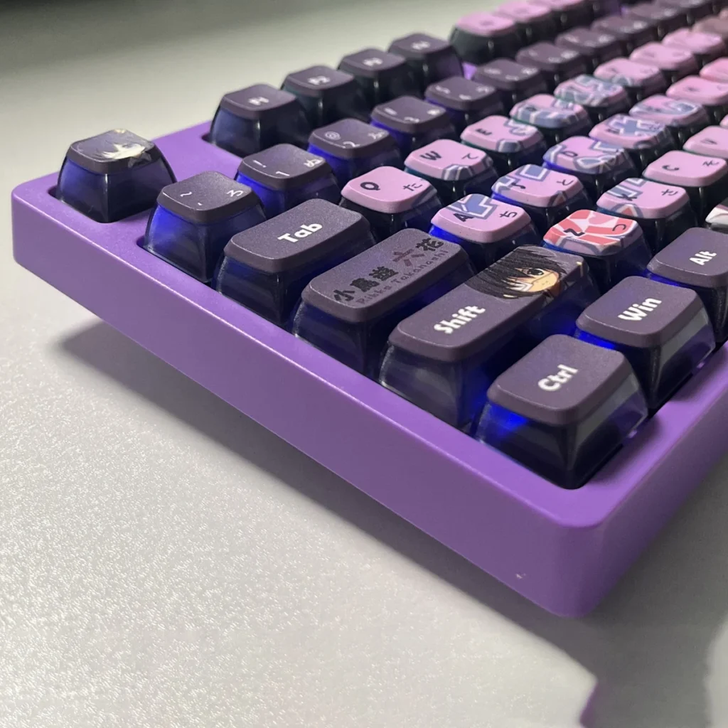 Vibrant Rikka Takanashi PBT shine-through keycaps set from different angles, highlighting the luminous RGB-enhanced Chunibyo anime character design.