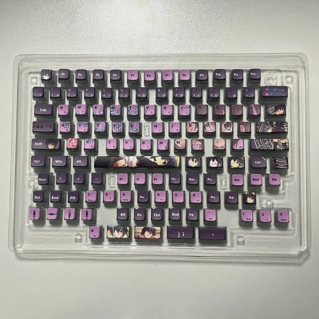 Rikka Takanashi 119-key PBT keycap set, showcasing vibrant four-sided shine-through for a luminous, playful anime aesthetic.