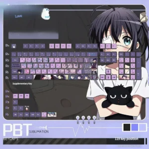 A vibrant set of Rikka Takanashi PBT shine-through keycaps set showcased, featuring playful anime art and ready for luminous RGB keyboards.