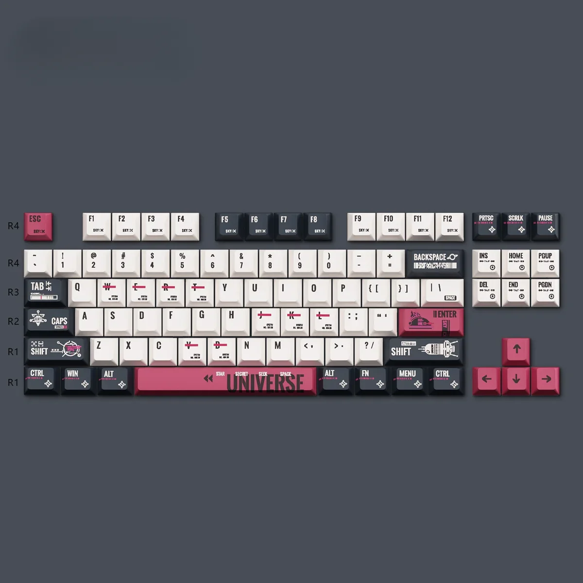 Multiple views of Rocket PBT keycaps set, highlighting their durable PBT construction and vibrant sci-fi aesthetic with futuristic legends.