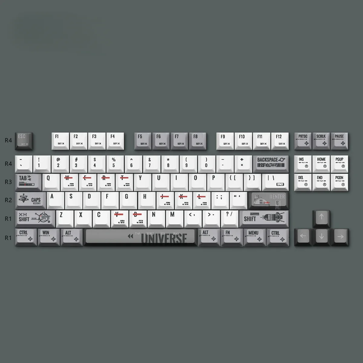 A detailed view of Rocket PBT Keycaps Set highlighting their durable PBT texture and vibrant sci-fi legends, ideal for mechanical keyboards.