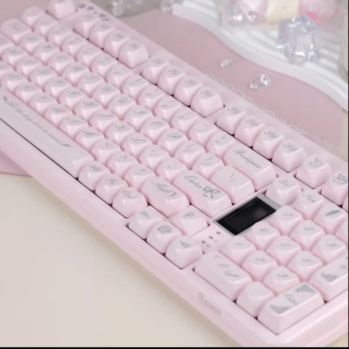 Ethereal Rococo Angel Pearlescent PBT keycap set from multiple angles, showcasing its ornate design, pastel hues, and shimmering finish.