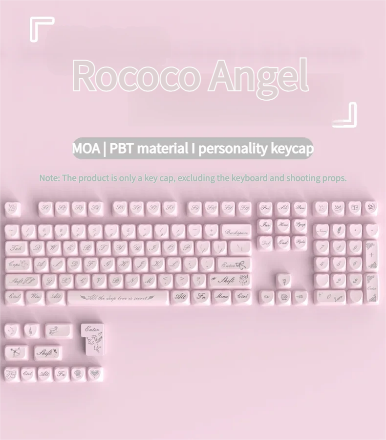 Exquisite Rococo Angel pearlescent PBT keycap set from multiple angles, revealing its ethereal design, delicate pastel hues, and shimmering finish.