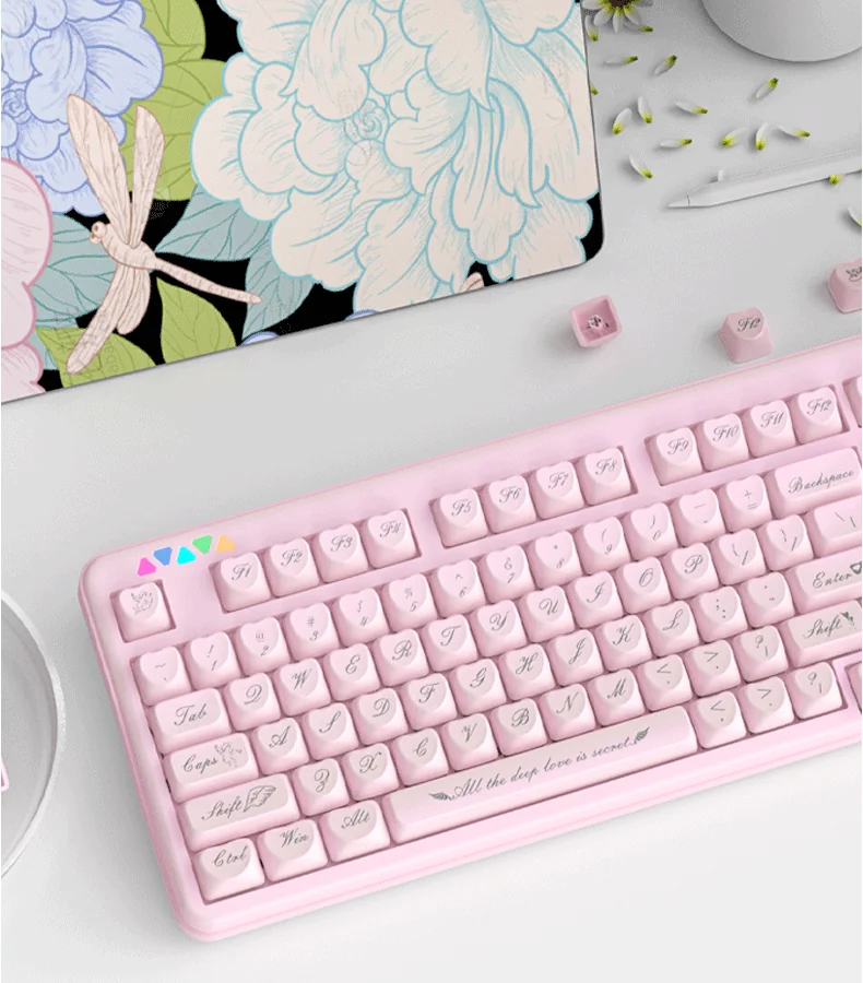 Multiple angles of the exquisite Ethereal Rococo Angel Pearlescent PBT keycap set, highlighting its ornate design, delicate pastel hues, and shimmering finish.