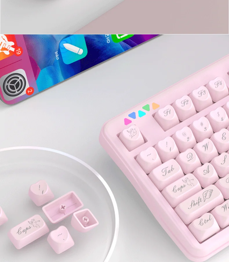 Artistic close-up of an exquisite ethereal Rococo angel keycap set in shimmering pearlescent white, highlighting its delicate ornate details.