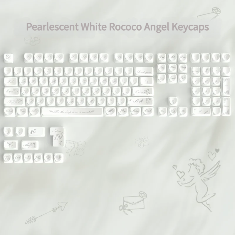 Artistic close-up of an exquisite ethereal Rococo angel keycap set in shimmering pearlescent white, highlighting its delicate ornate details.