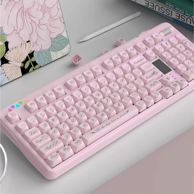 Exquisite pearlescent pink Rococo angel keycap set, displaying its delicate pastel hues, shimmering finish, and ornate angelic design.
