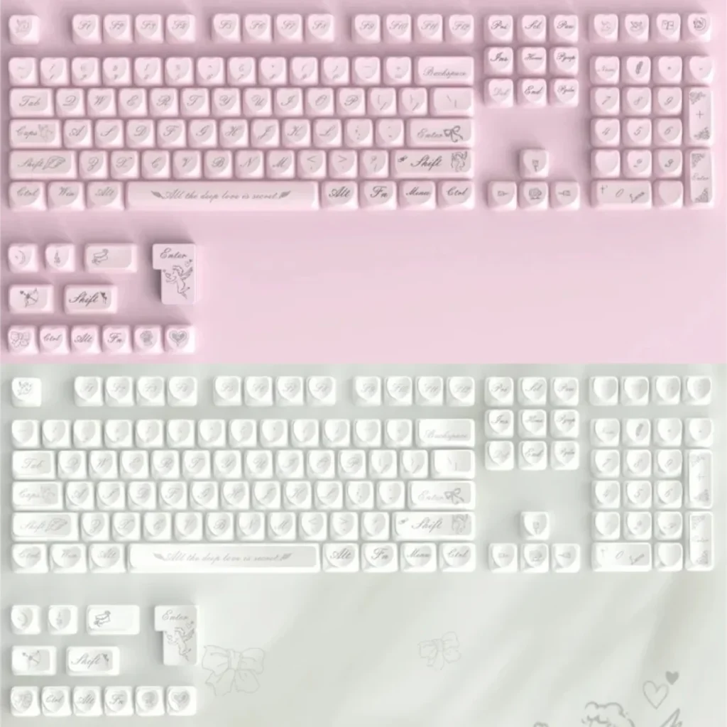 Exquisite Rococo Angel pearlescent PBT keycap set. An ornate angel design with delicate pastel hues and a shimmering finish for an ethereal keyboard.