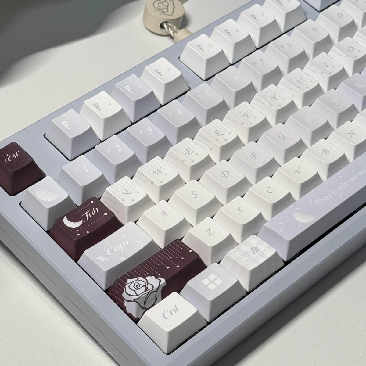 Artistic PBT Romance and Poetry Cherry Keycap Set showcase dye-sublimated poetic patterns, subtle colors, and unique craftsmanship from various angles.