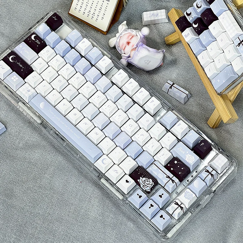 Gallery views of the Artistic PBT Romance and Poetry Cherry Keycap Set, detailing soft, dye-sublimated patterns and unique artistic designs.